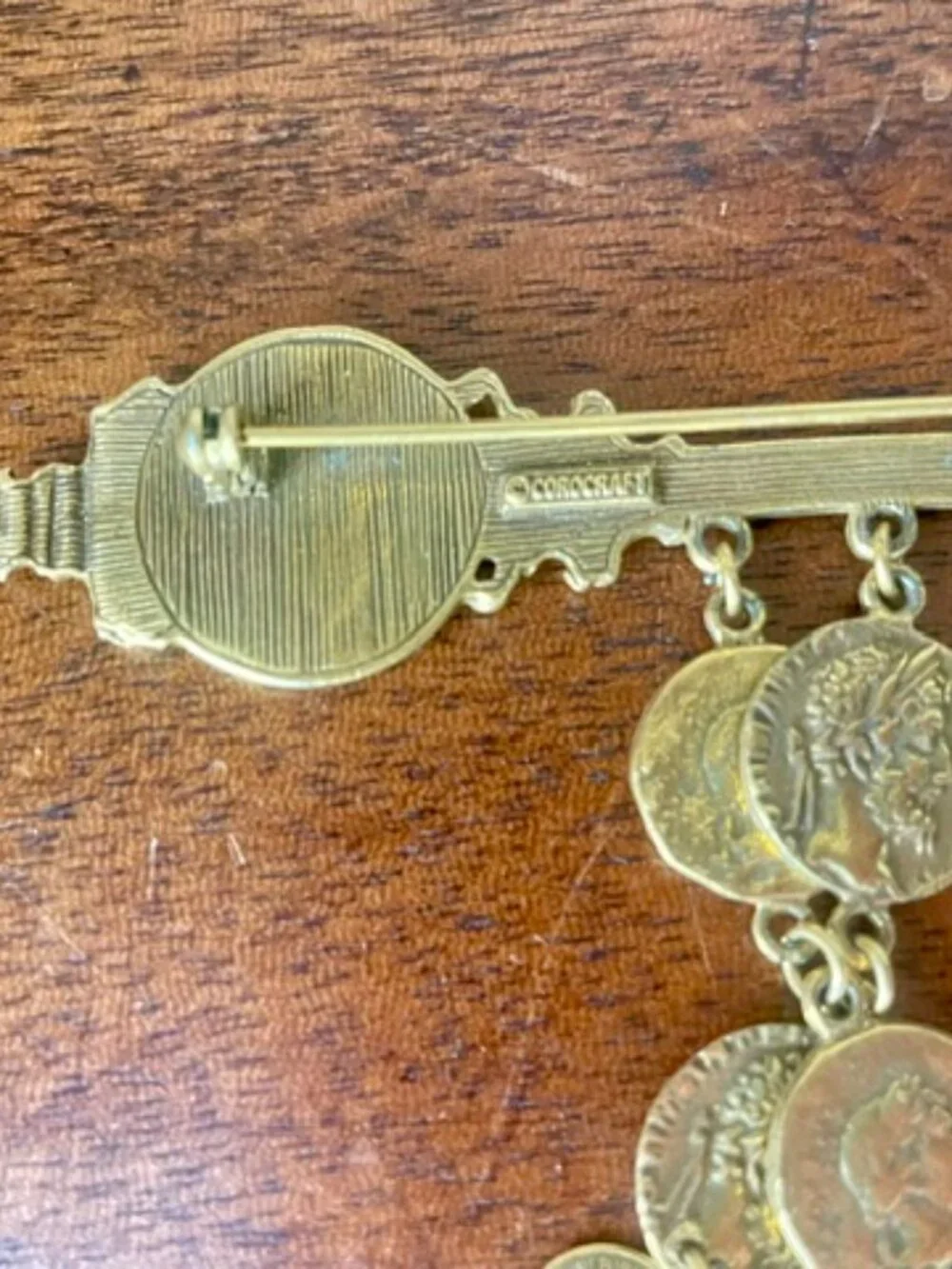 Vintage Rare Corocraft Gold Tone Faux Ancient Coin Dangle Key Statement Brooch